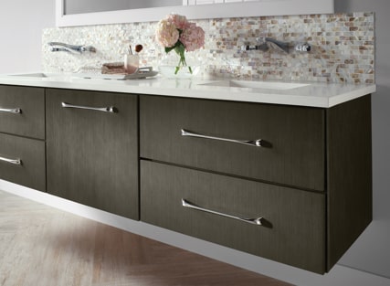 Contemporary bathroom featuring wall-hung KraftMaid vanity in Cannon Grey finish