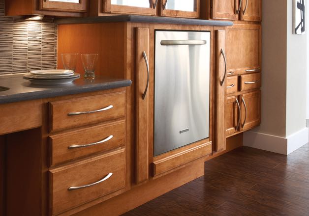 Kitchen with dishwasher installed in a raised cabinet for easier accessibility