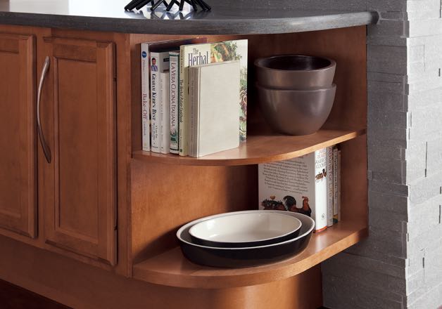 Passport Series open storage unit with rounded-corner shelves installed at the end of a base cabinet run